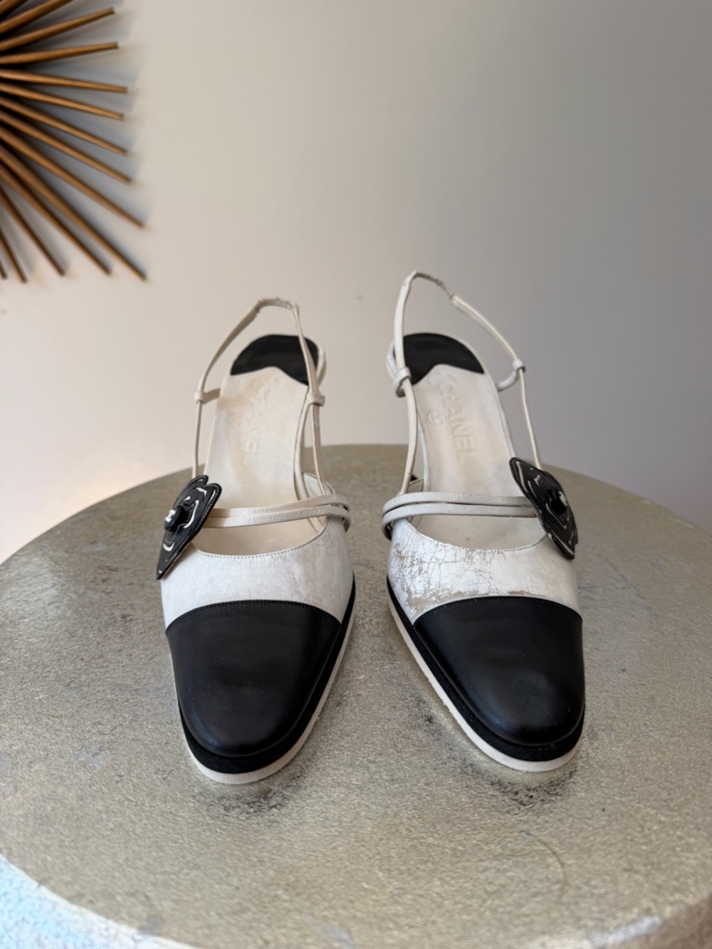 CHANEL - Two-Tone Slingback Wedges w/ Camellia Detail – Size 38.5 - Picture 5 of 15